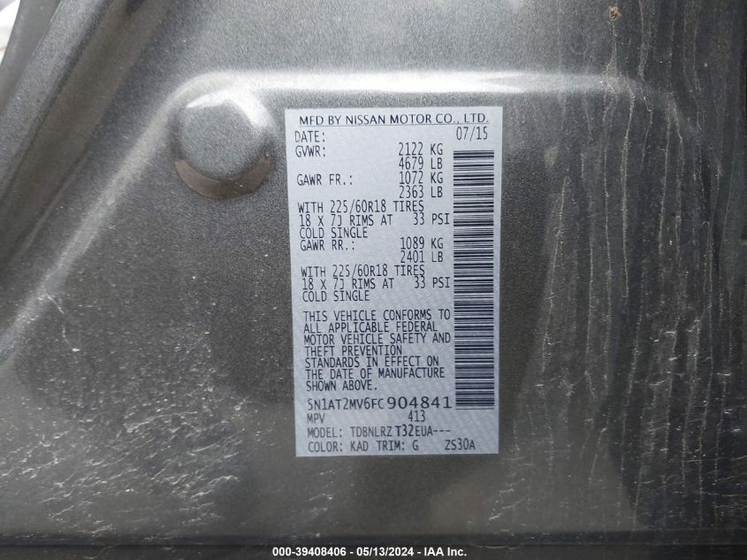 2015 Nissan Rogue Sl VIN: 5N1AT2MV6FC904841 Lot: 39408406