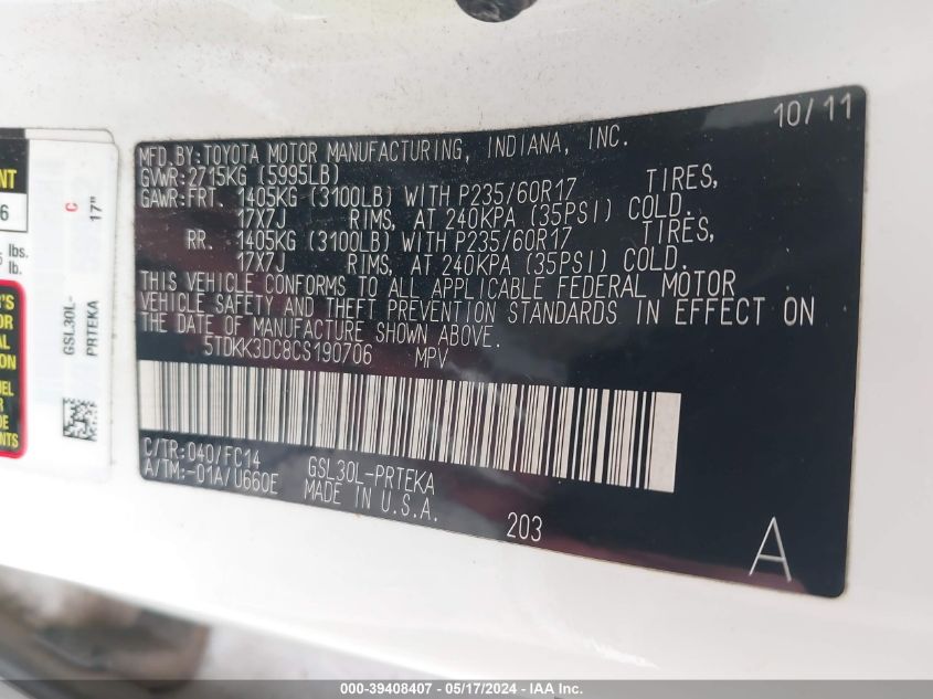 2012 Toyota Sienna Le V6 8 Passenger VIN: 5TDKK3DC8CS190706 Lot: 39408407