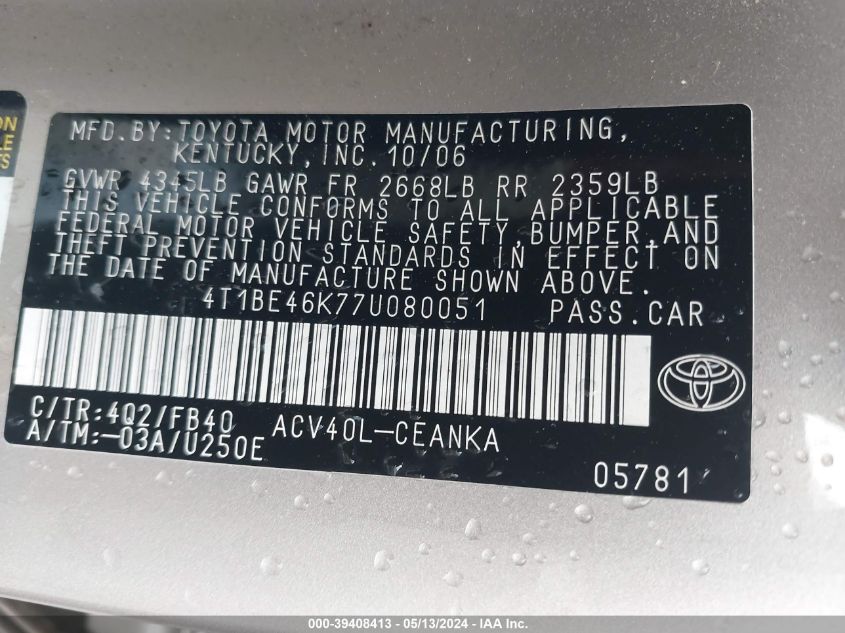 2007 Toyota Camry Le VIN: 4T1BE46K77U080051 Lot: 39408413