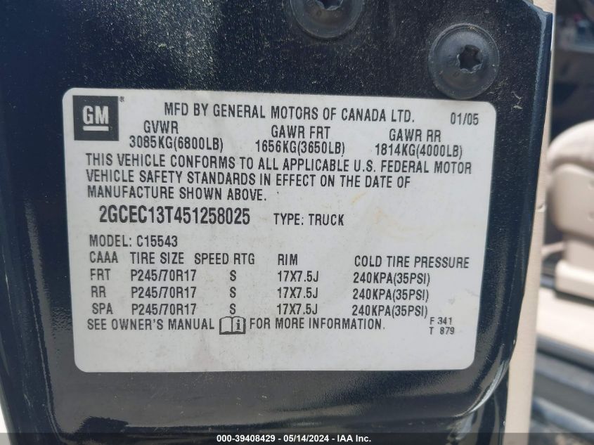 2005 Chevrolet Silverado 1500 Ls VIN: 2GCEC13T451258025 Lot: 39408429