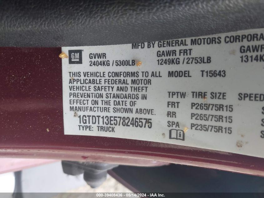 2007 GMC Canyon Sle2 VIN: 1GTDT13E578246575 Lot: 39408436