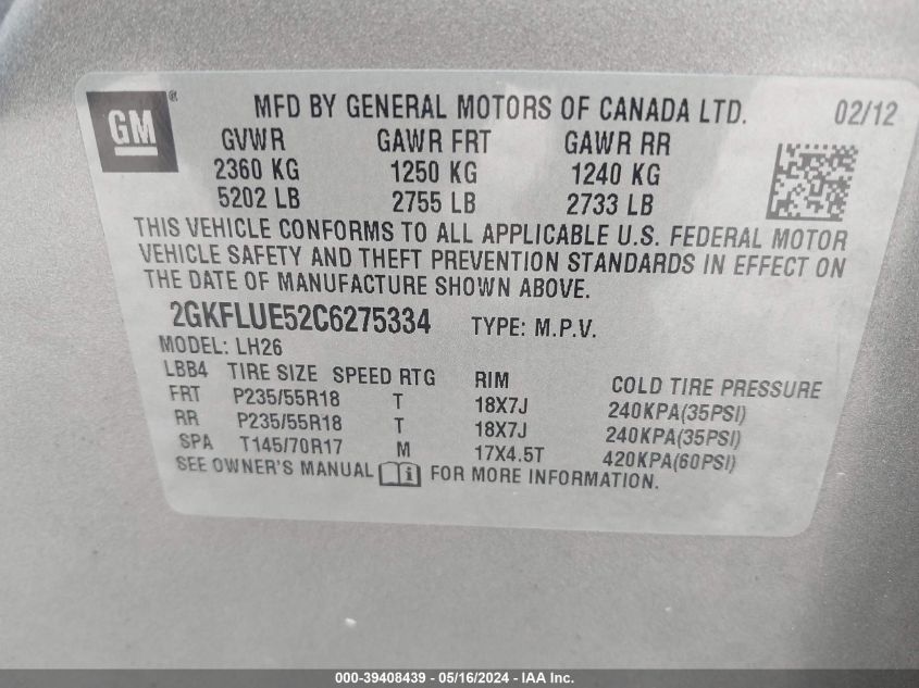 2012 GMC Terrain Slt-1 VIN: 2GKFLUE52C6275334 Lot: 39408439