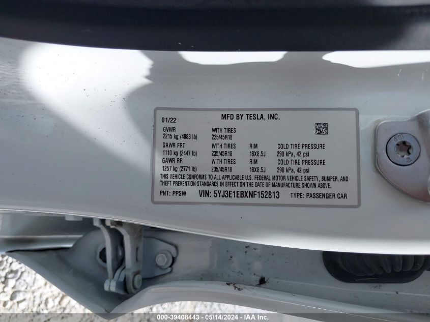 2022 Tesla Model 3 Long Range Dual Motor All-Wheel Drive VIN: 5YJ3E1EBXNF152813 Lot: 39408443