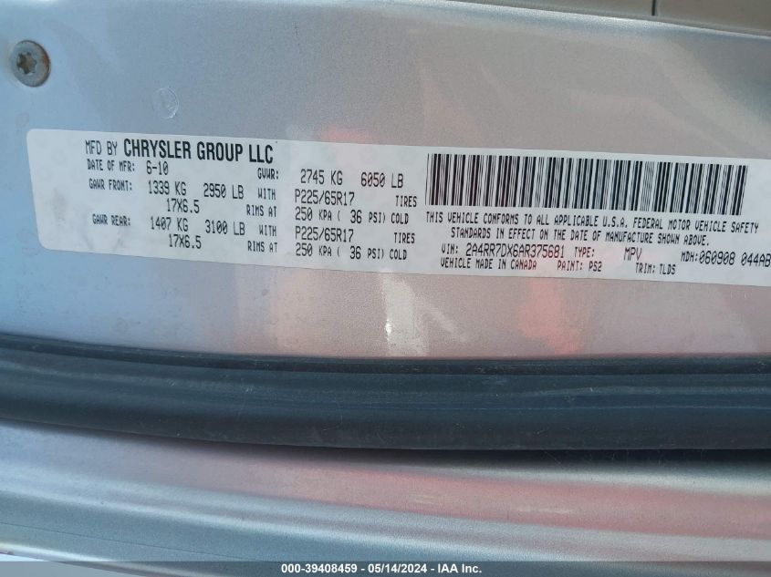 2010 Chrysler Town & Country New Limited VIN: 2A4RR7DX6AR375681 Lot: 39408459