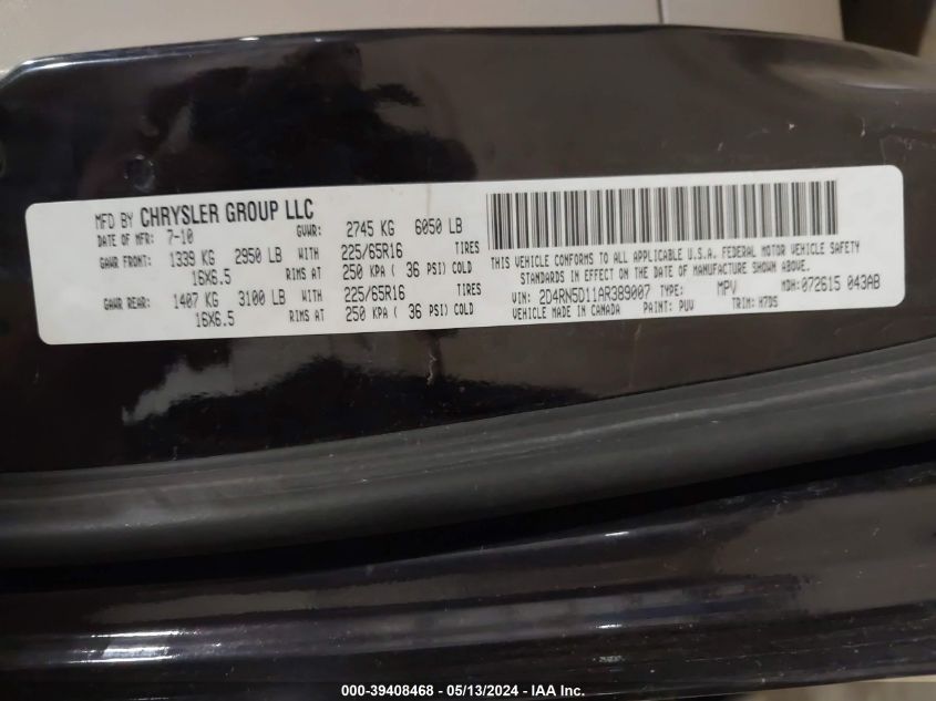 2010 Dodge Grand Caravan Sxt VIN: 2D4RN5D11AR389007 Lot: 39408468