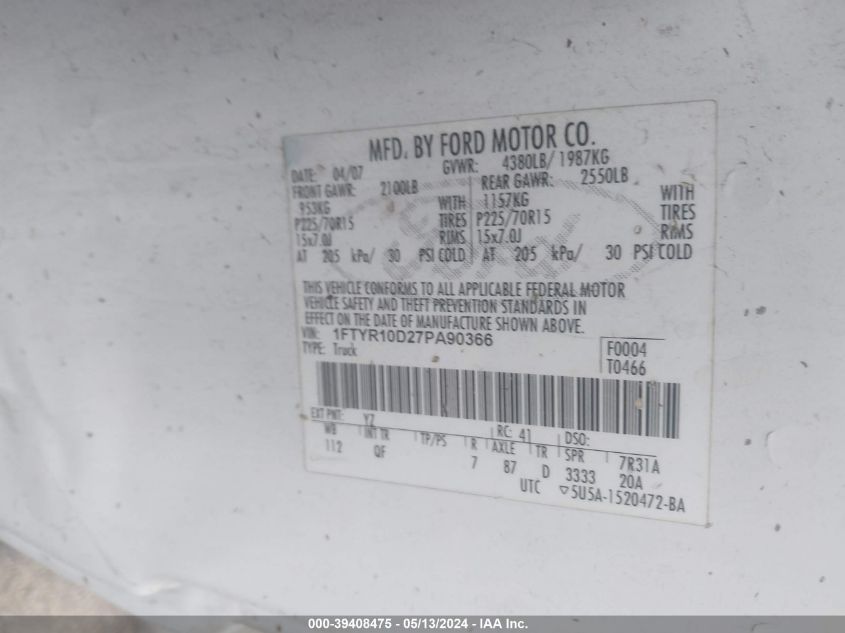 2007 Ford Ranger Stx/Xl/Xlt VIN: 1FTYR10D27PA90366 Lot: 39408475