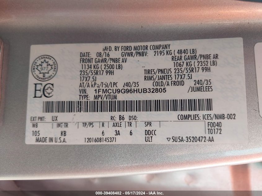 2017 Ford Escape Se VIN: 1FMCU9G96HUB32805 Lot: 39408482