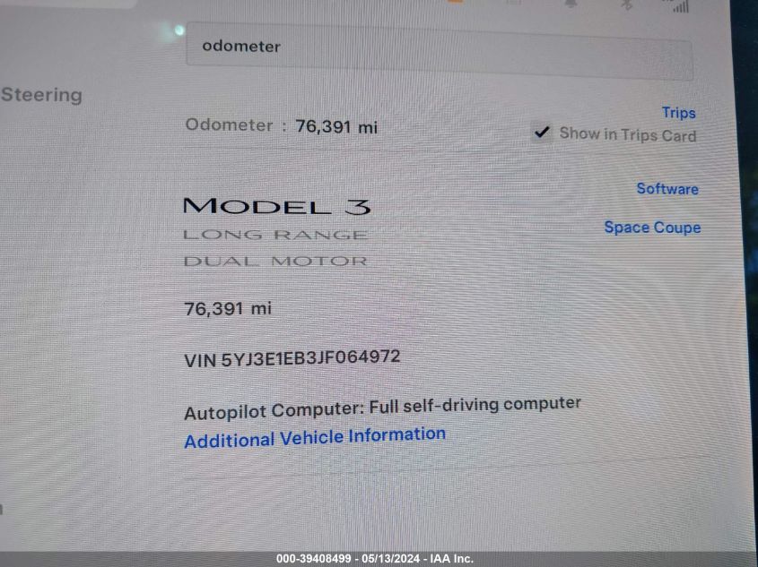 2018 Tesla Model 3 Long Range/Performance VIN: 5YJ3E1EB3JF064972 Lot: 39408499