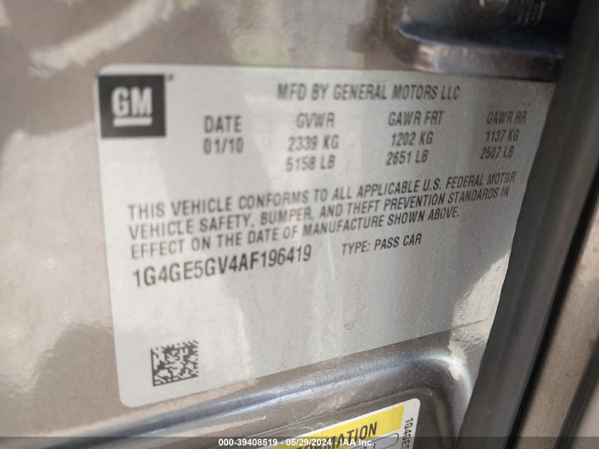 2010 Buick Lacrosse Cxs VIN: 1G4GE5GV4AF196419 Lot: 39408519