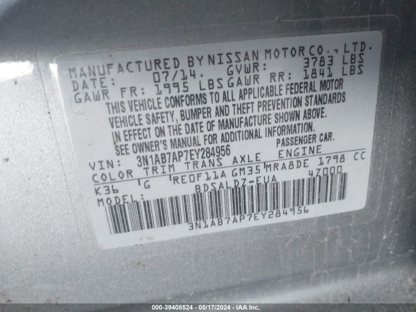 2014 Nissan Sentra Sv VIN: 3N1AB7AP7EY284956 Lot: 39408524