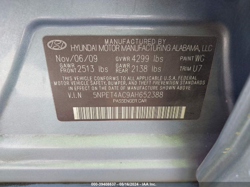 2010 Hyundai Sonata Gls VIN: 5NPET4AC9AH652388 Lot: 39408537