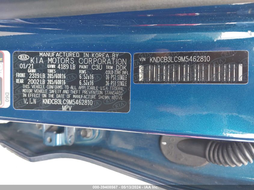 2021 Kia Niro Lxs VIN: KNDCB3LC9M5462810 Lot: 39408567