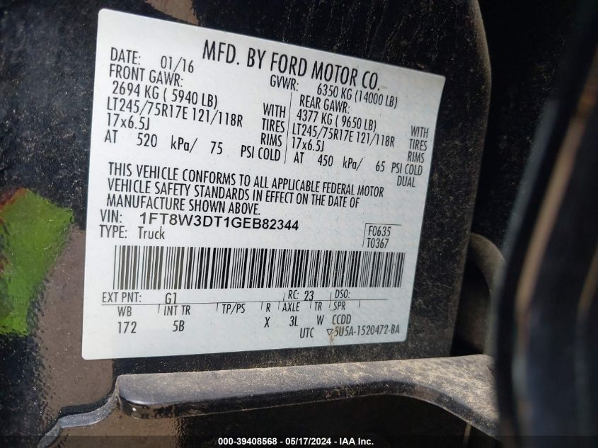 2016 Ford F-350 Lariat VIN: 1FT8W3DT1GEB82344 Lot: 39408568