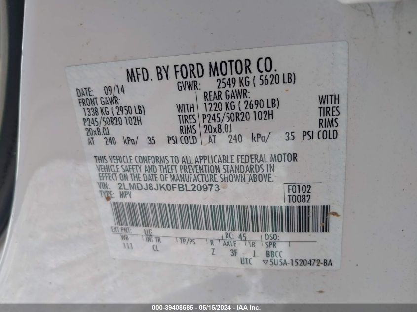 2015 Lincoln Mkx VIN: 2LMDJ8JK0FBL20973 Lot: 39408585