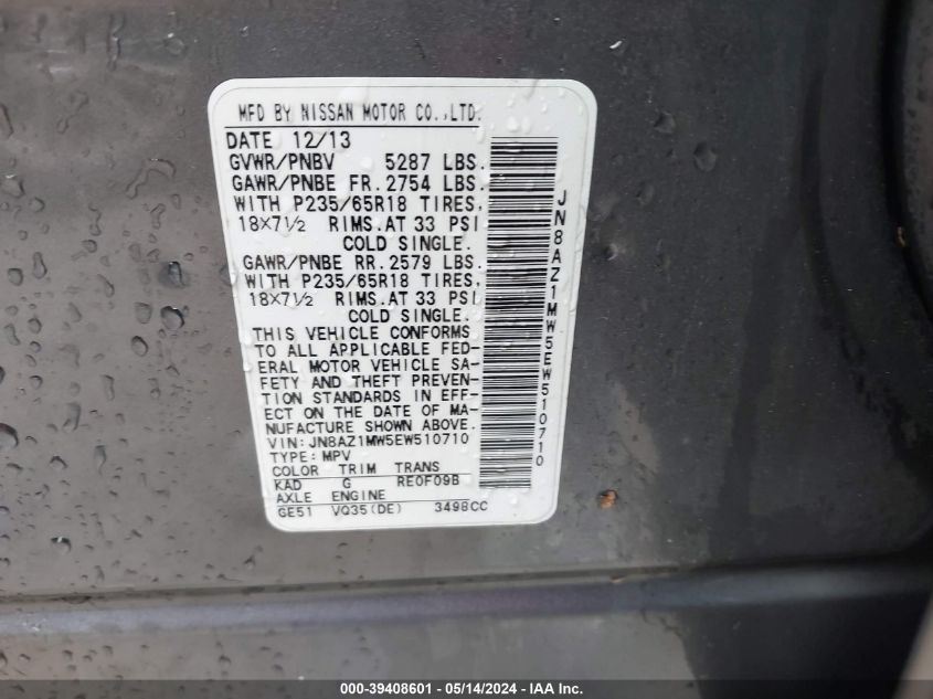 2014 Nissan Murano Le/S/Sl/Sv VIN: JN8AZ1MW5EW510710 Lot: 39408601