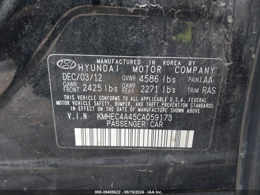 2012 Hyundai Sonata Hybrid VIN: KMHEC4A45CA059173 Lot: 39408622