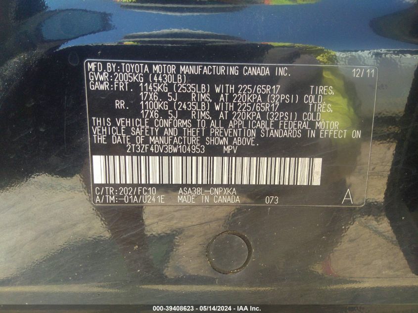 2011 Toyota Rav4 VIN: 2T3ZF4DV3BW104953 Lot: 39408623