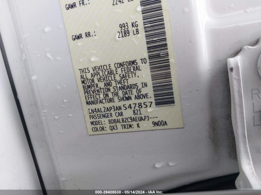 2010 Nissan Altima 2.5 S VIN: 1N4AL2AP3AN547857 Lot: 39408630