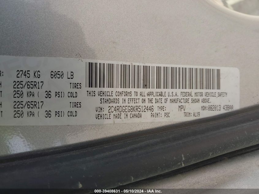 2019 Dodge Grand Caravan Gt VIN: 2C4RDGEG8KR512446 Lot: 39408631