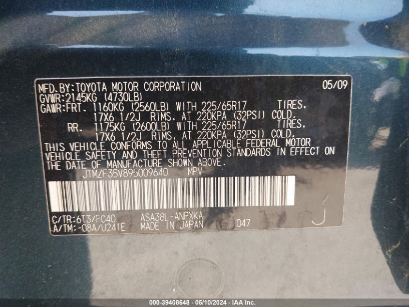 2009 Toyota Rav4 VIN: JTMZF35V895009640 Lot: 39408648