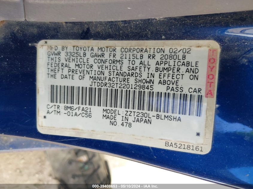 2002 Toyota Celica Gt VIN: JTDDR32T220129845 Lot: 39408653