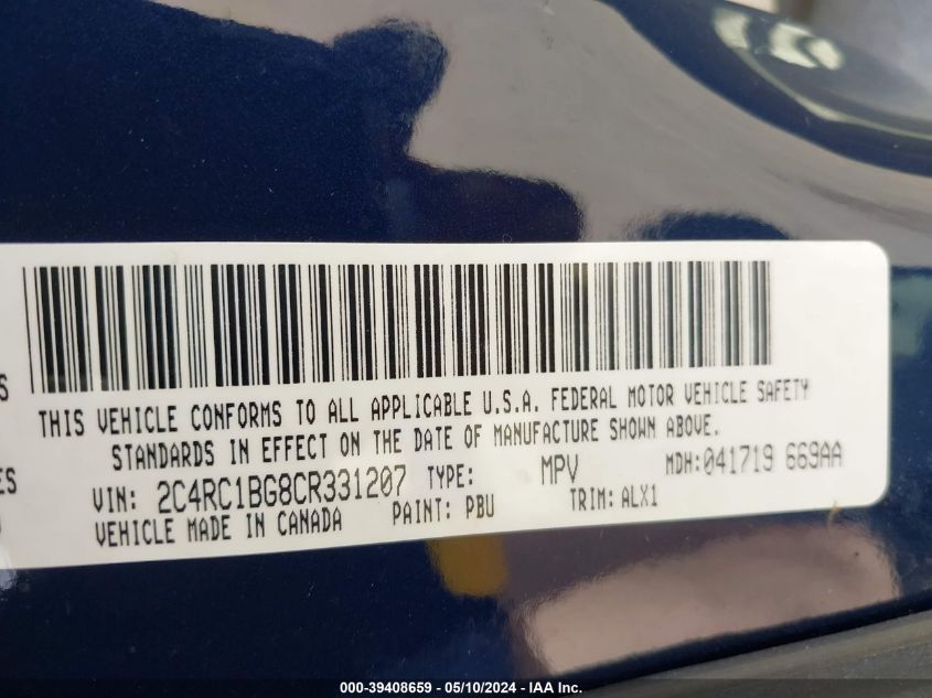 2012 Chrysler Town & Country Touring VIN: 2C4RC1BG8CR331207 Lot: 39408659