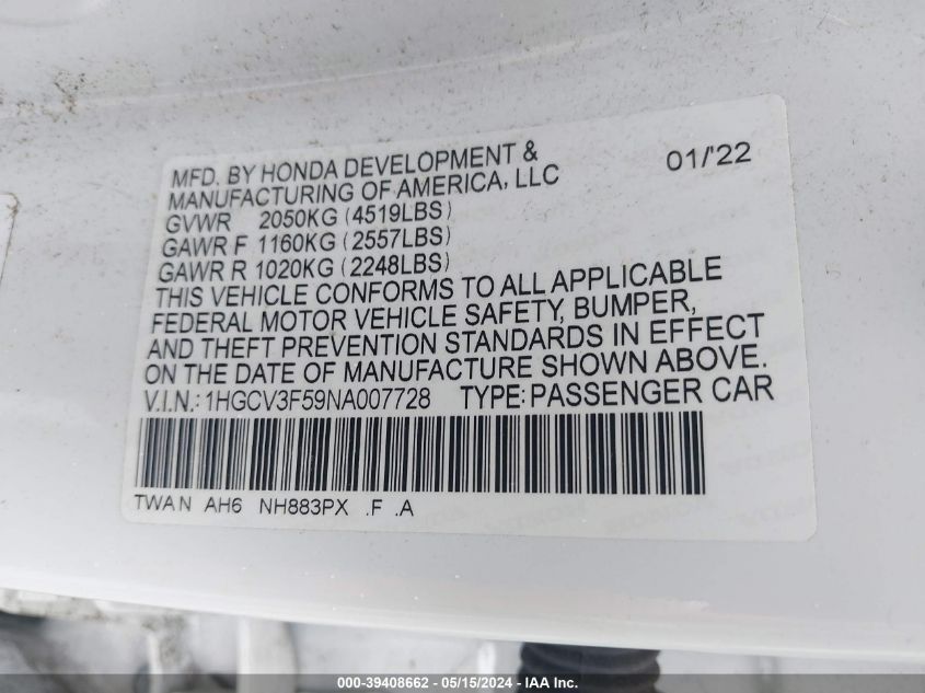 2022 Honda Accord Hybrid Ex-L VIN: 1HGCV3F59NA007728 Lot: 39408662