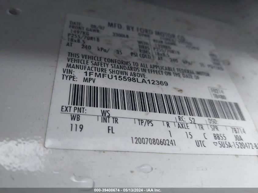 2008 Ford Expedition Xlt VIN: 1FMFU15598LA12369 Lot: 39408674