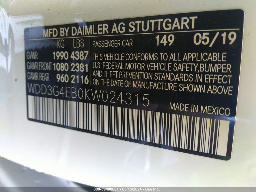 2019 Mercedes-Benz A 220 VIN: WDD3G4EB0KW024315 Lot: 39408691