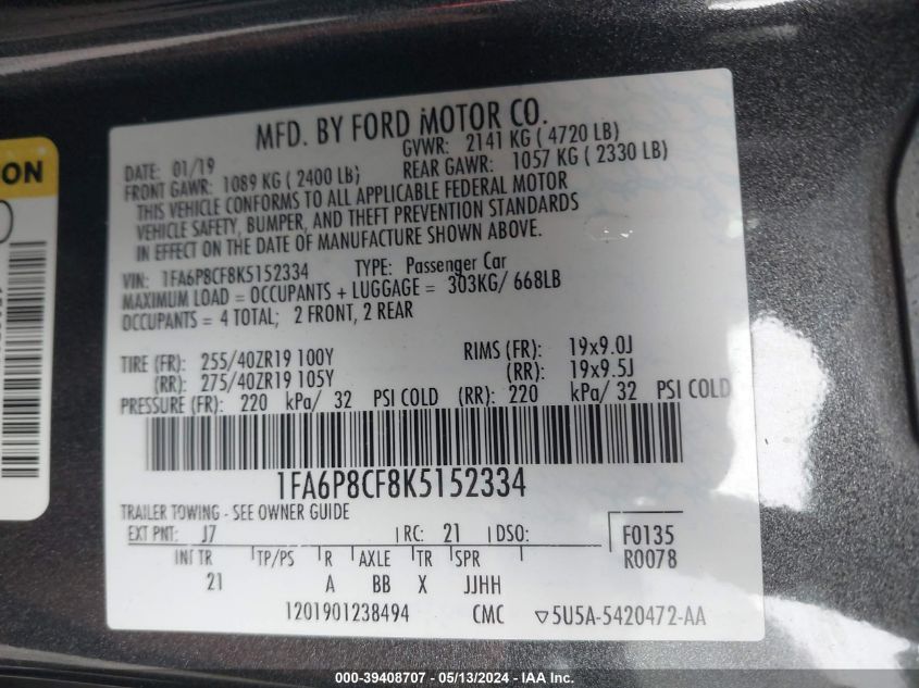 2019 Ford Mustang Gt VIN: 1FA6P8CF8K5152334 Lot: 39408707