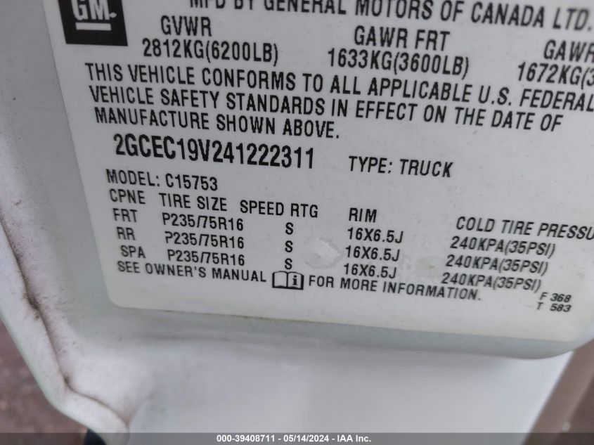 2004 Chevrolet Silverado 1500 VIN: 2GCEC19V241222311 Lot: 39408711