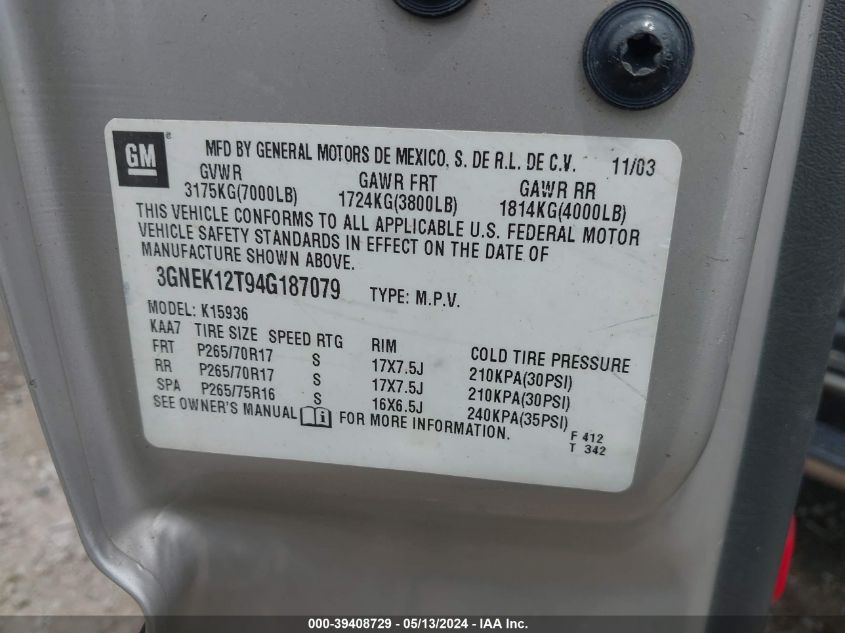 2004 Chevrolet Avalanche 1500 VIN: 3GNEK12T94G187079 Lot: 39408729