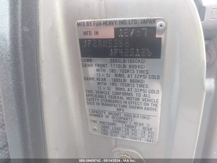 1988 Subaru Gl 4Wd VIN: JF2AN53B8JF425126 Lot: 39408742