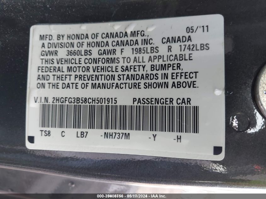 2012 Honda Civic Lx VIN: 2HGFG3B58CH501915 Lot: 39408756