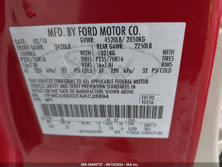 2010 Ford Escape Xlt VIN: 1FMCU0DG7AKC28894 Lot: 39408757