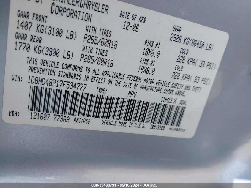 2007 Dodge Durango Slt VIN: 1D8HD48P17F534777 Lot: 39408791