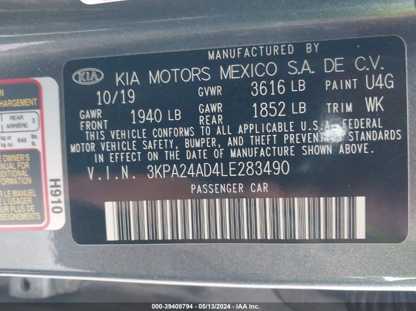 2020 Kia Rio S VIN: 3KPA24AD4LE283490 Lot: 39408794