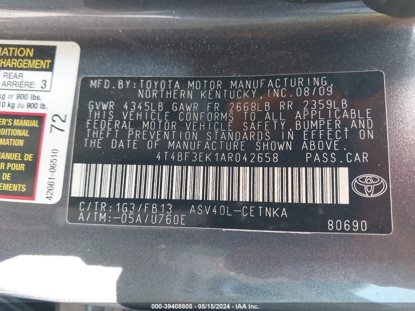 2010 Toyota Camry Le VIN: 4T4BF3EK1AR042658 Lot: 39408805