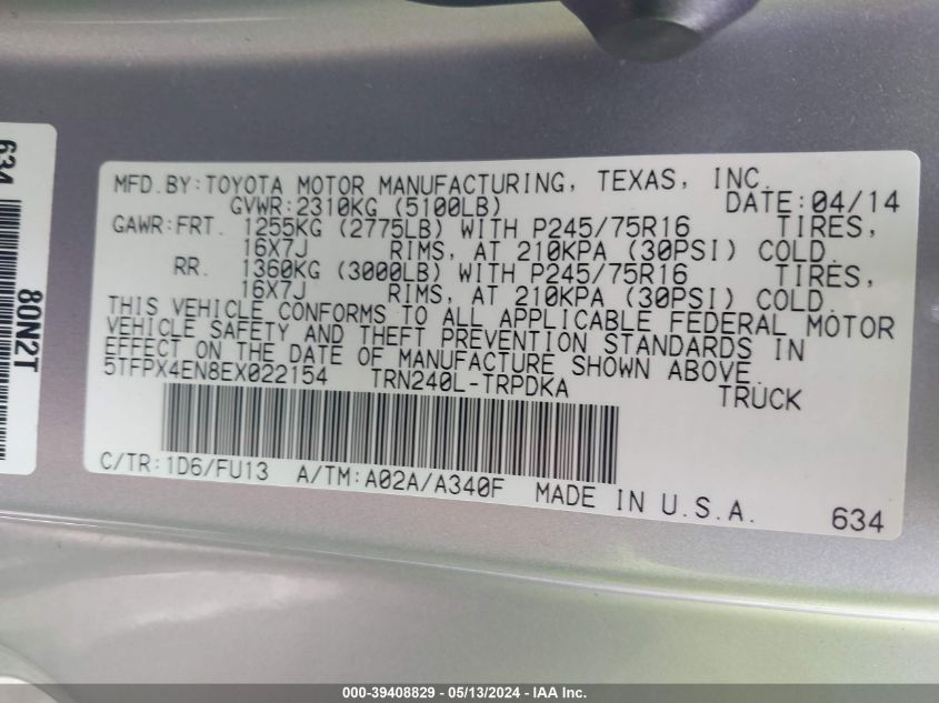 2014 Toyota Tacoma VIN: 5TFPX4EN8EX022154 Lot: 39408829