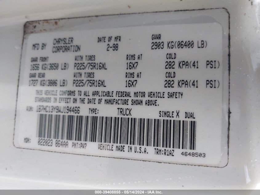 1998 Dodge Ram 1500 St VIN: 1B7HC13Y9WJ194466 Lot: 39408855