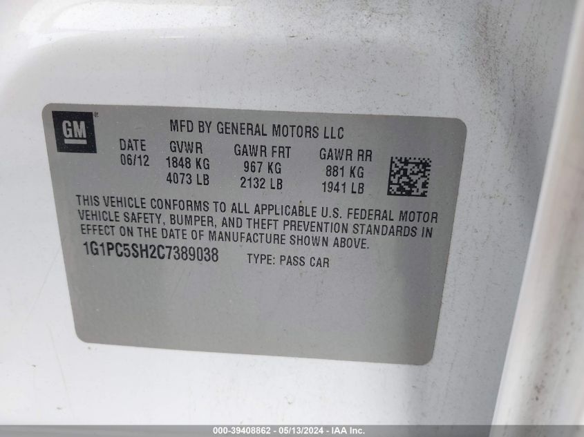 2012 Chevrolet Cruze Ls VIN: 1G1PC5SH2C7389038 Lot: 39408862