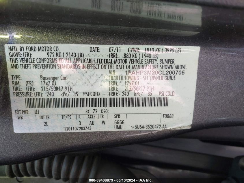 2012 Ford Focus Sel VIN: 1FAHP3M20CL200705 Lot: 39408879