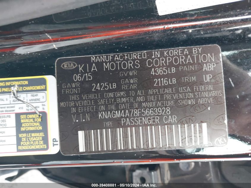 2015 Kia Optima Lx VIN: KNAGM4A78F5663928 Lot: 39408881