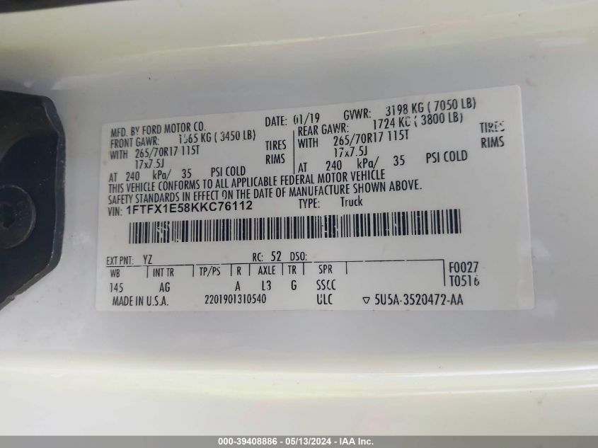 2019 Ford F-150 Xl VIN: 1FTFX1E58KKC76112 Lot: 39408886