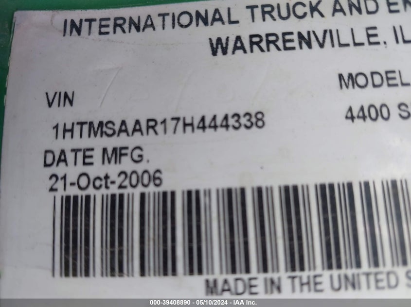 2007 International 4000 4400 VIN: 1HTMSAAR17H444338 Lot: 39408890