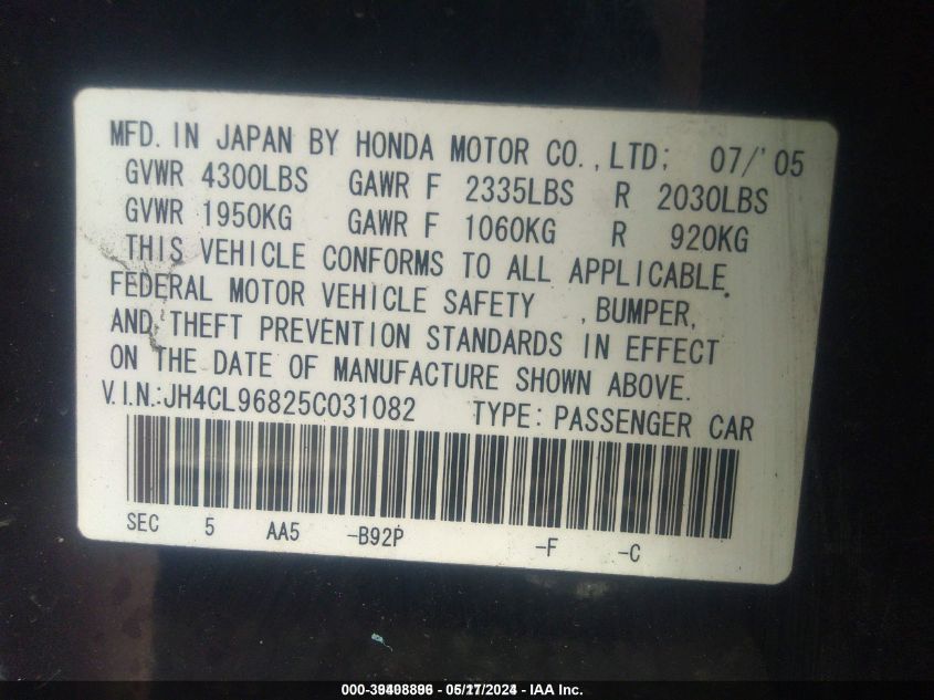 2005 Acura Tsx VIN: JH4CL96825C031082 Lot: 39408896