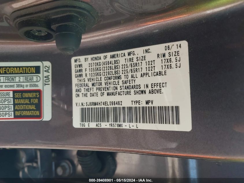 2014 Honda Cr-V Ex-L VIN: 5J6RM4H74EL096462 Lot: 39408901