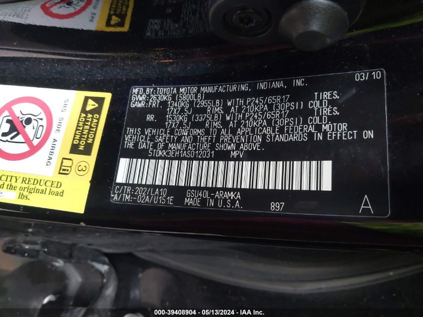 2010 Toyota Highlander Se V6 VIN: 5TDKK3EH1AS012031 Lot: 39408904