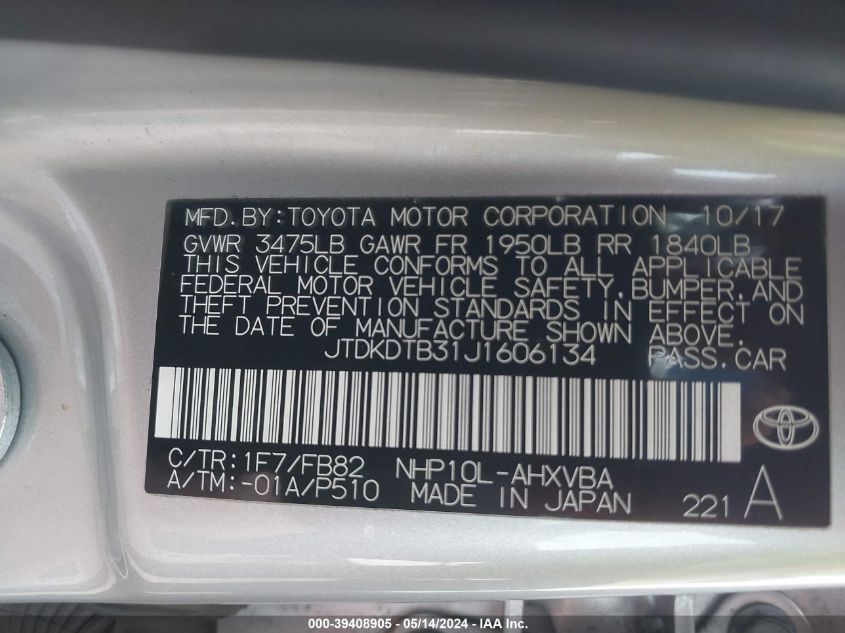 JTDKDTB31J1606134 2018 Toyota Prius C Two