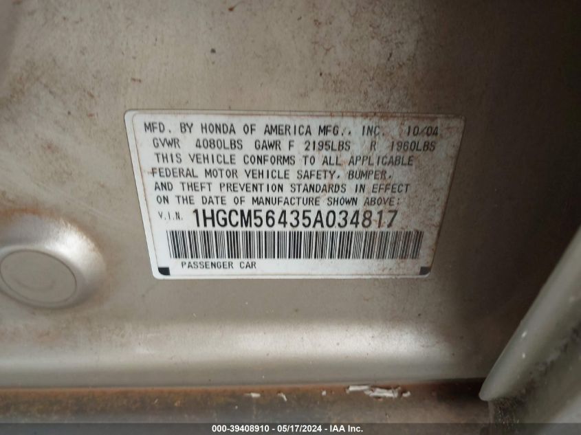 2005 Honda Accord 2.4 Lx VIN: 1HGCM56435A034817 Lot: 39408910